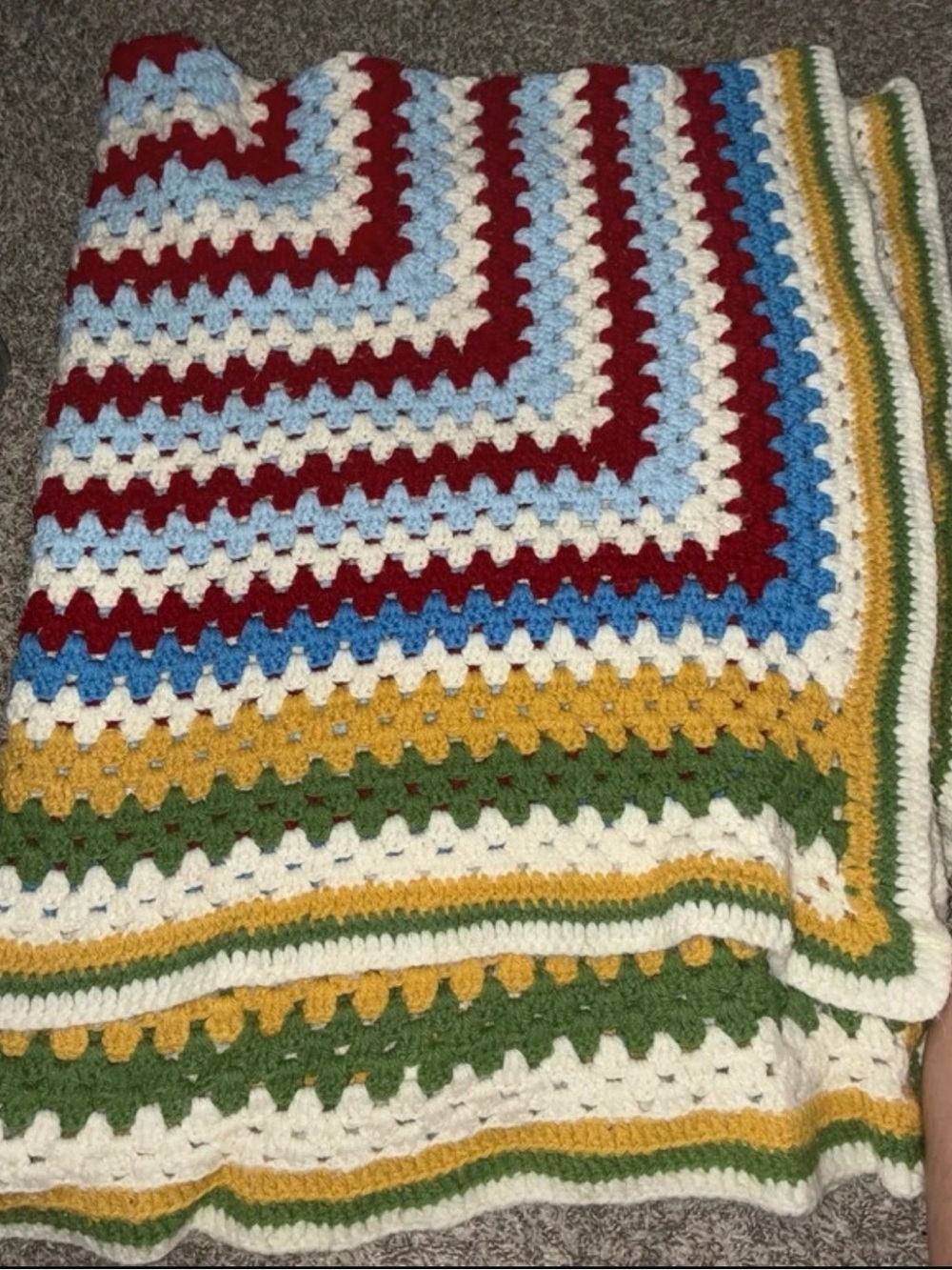 Handmade Multicolor Crochet Throw Blanket - White, Blue, Red, Yellow, Green